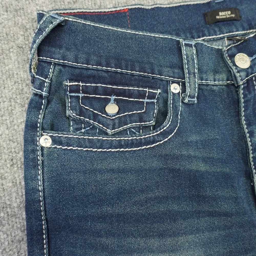 NEW True Religion Rocco Big T Flap Jeans Mens 33x32 Blue Dark Wash Skinny
